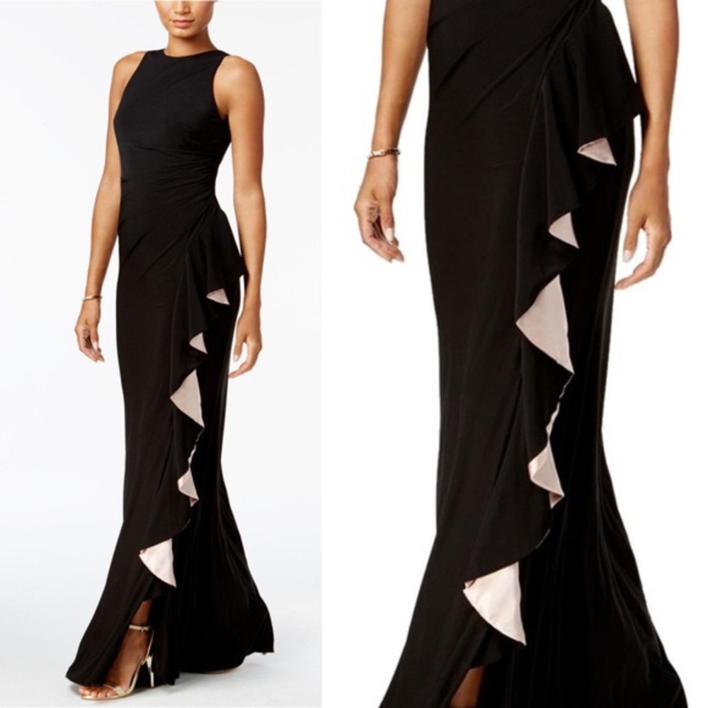 Betsy & Adam Asymmetrical Black & Pink Ruffle Gown